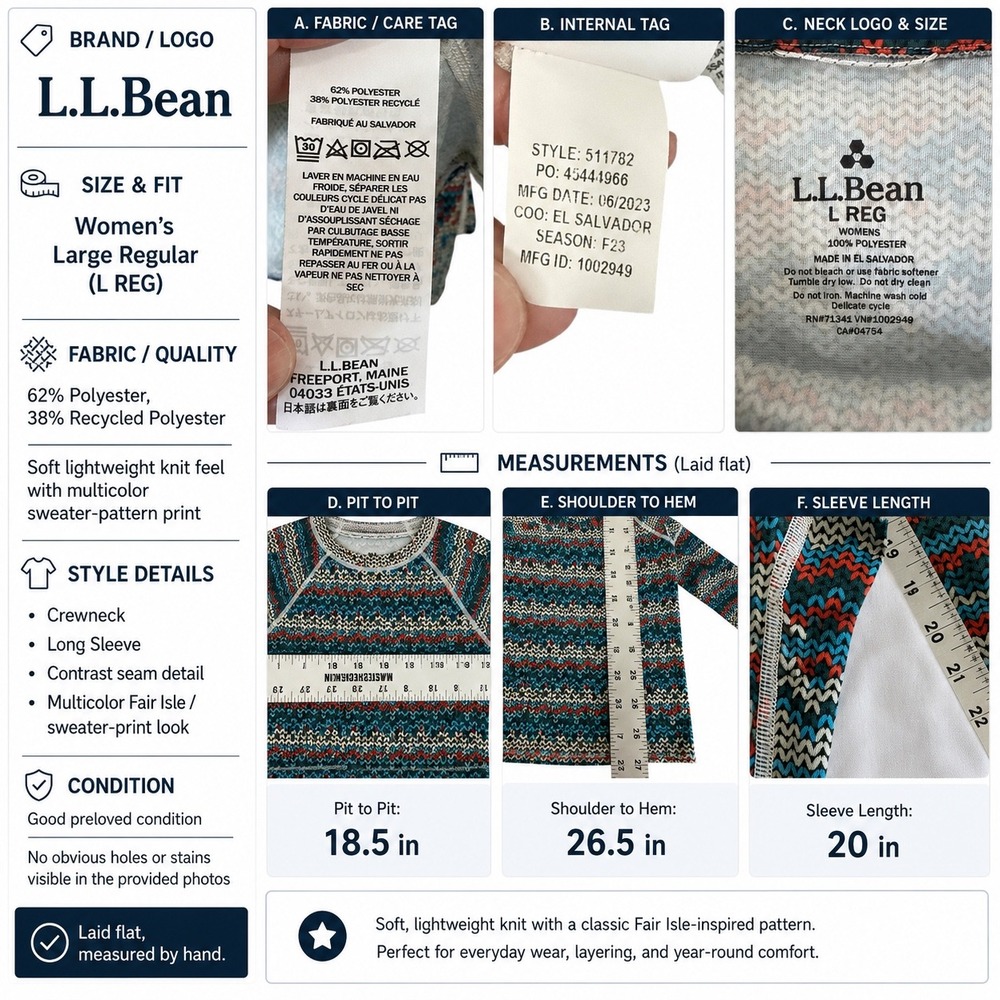 LL Bean Long Sleeve Top Womens L Regular Multicolor Excellent Fair Isle Print - Picture 8 of 16